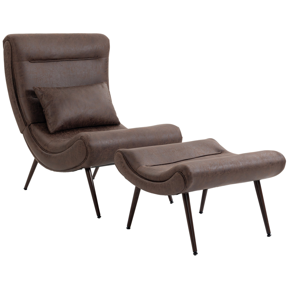 Dark Brown Accent Chair with Footstool | Upholstered Lounge Chair, Lumbar Pillow & Vintage Style | 120kg
