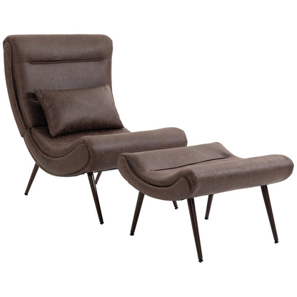 Dark Brown Accent Chair with Footstool | Upholstered Lounge Chair, Lumbar Pillow & Vintage Style | 120kg
