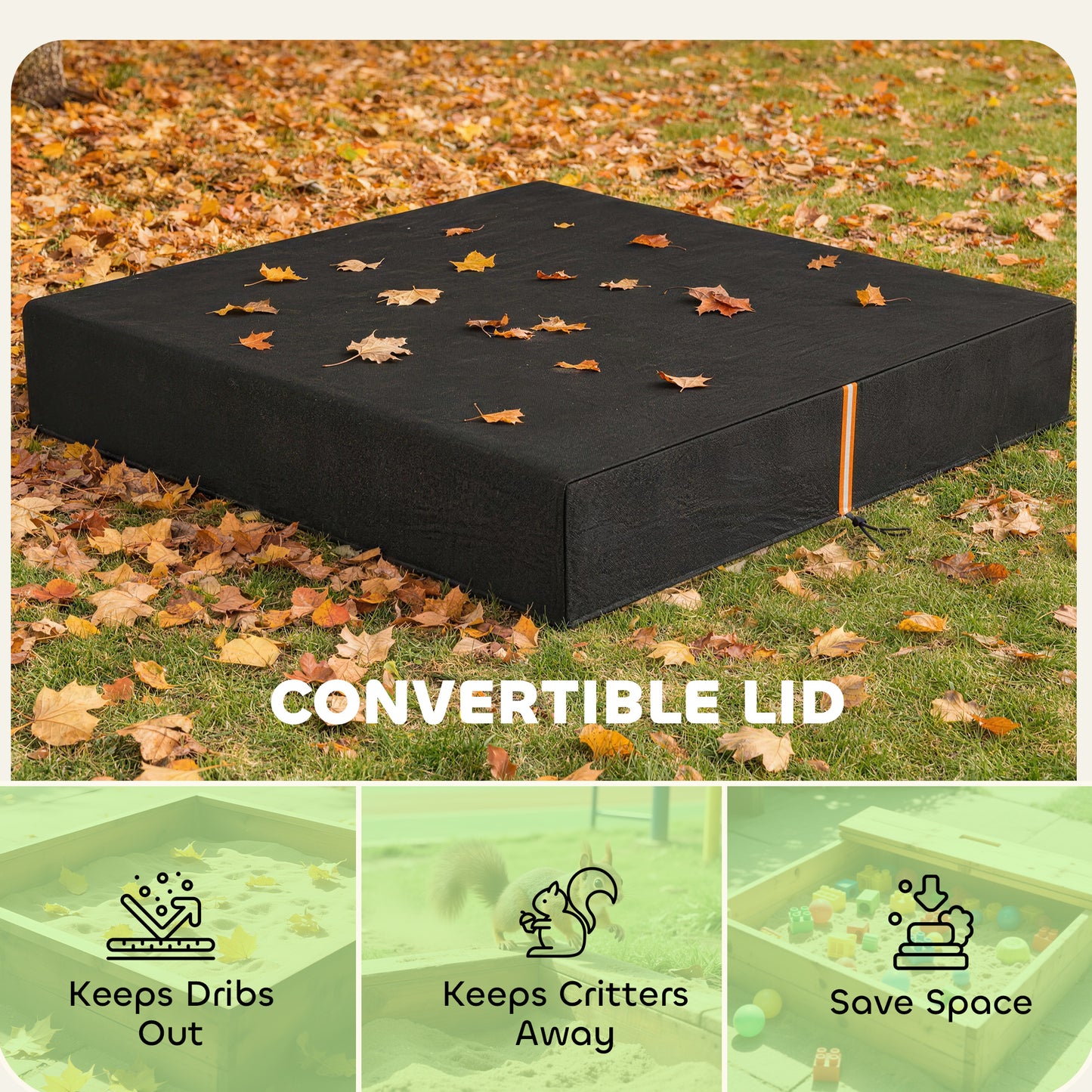 Sandpit Cover Waterproof & UV Protection – 420D Oxford Cloth, Dual Drawstring & Elastic Fix, Reflective Strips, Fits 123–127cm Sandpits, Storage Bag Included – Black