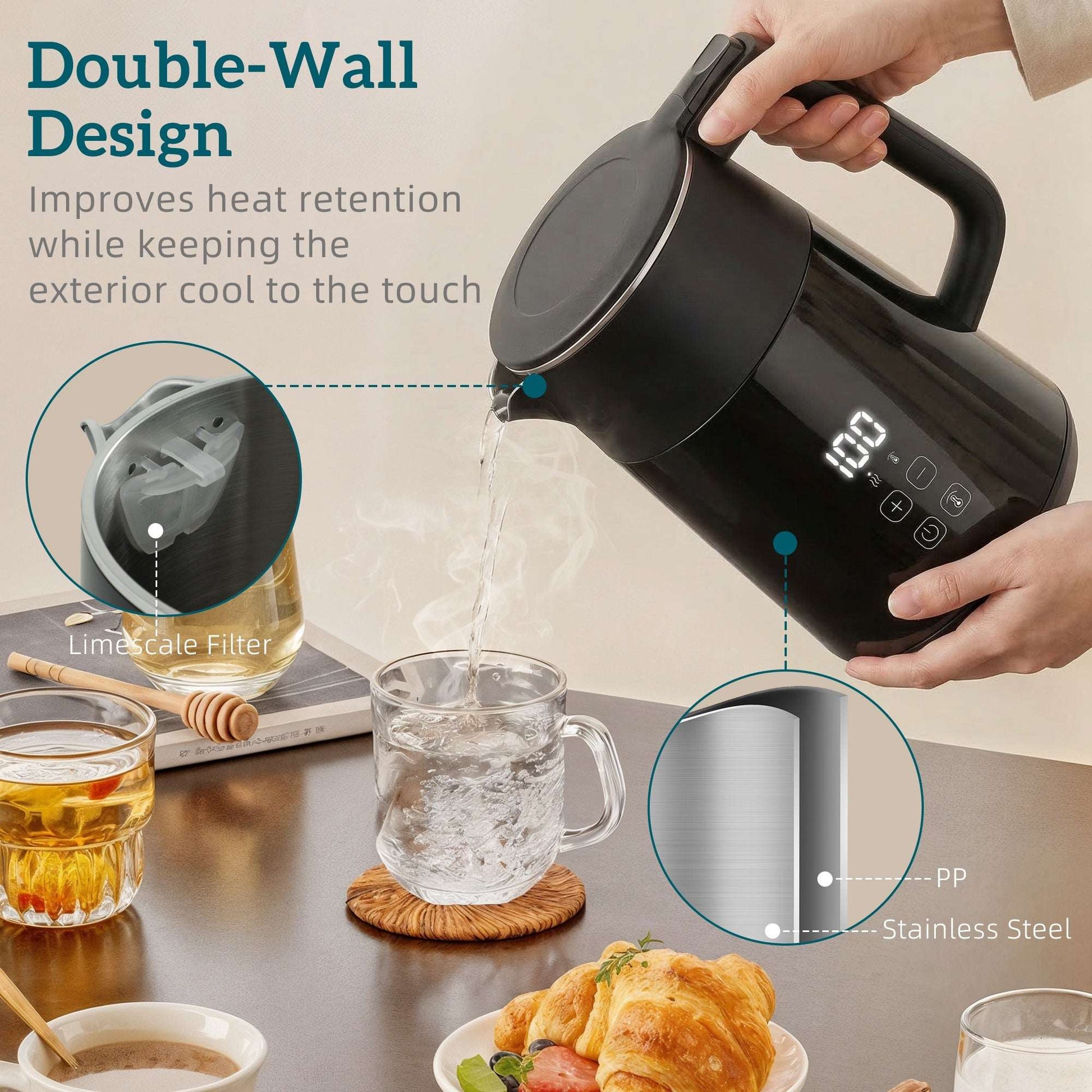1.7L Electric Kettle | 3000W | 7 Temperature Settings 40-100°C | 2hr Keep-Warm | 304 Stainless Steel PTFE-Free | Boil-Dry Protection | Auto Shut-Off | 360° Swivel Base | Black