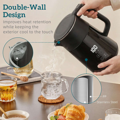 1.7L Electric Kettle | 3000W | 7 Temperature Settings 40-100°C | 2hr Keep-Warm | 304 Stainless Steel PTFE-Free | Boil-Dry Protection | Auto Shut-Off | 360° Swivel Base | Black