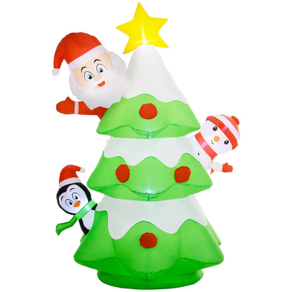 Outsunny 8FT Inflatable Christmas Tree with Santa Claus, Snowman and Penguin Behind, Blow Up Outdoor LED Display for Garden Party