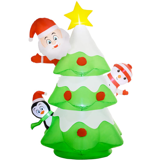 Outsunny 8FT Inflatable Christmas Tree with Santa Claus, Snowman and Penguin Behind, Blow Up Outdoor LED Display for Garden Party