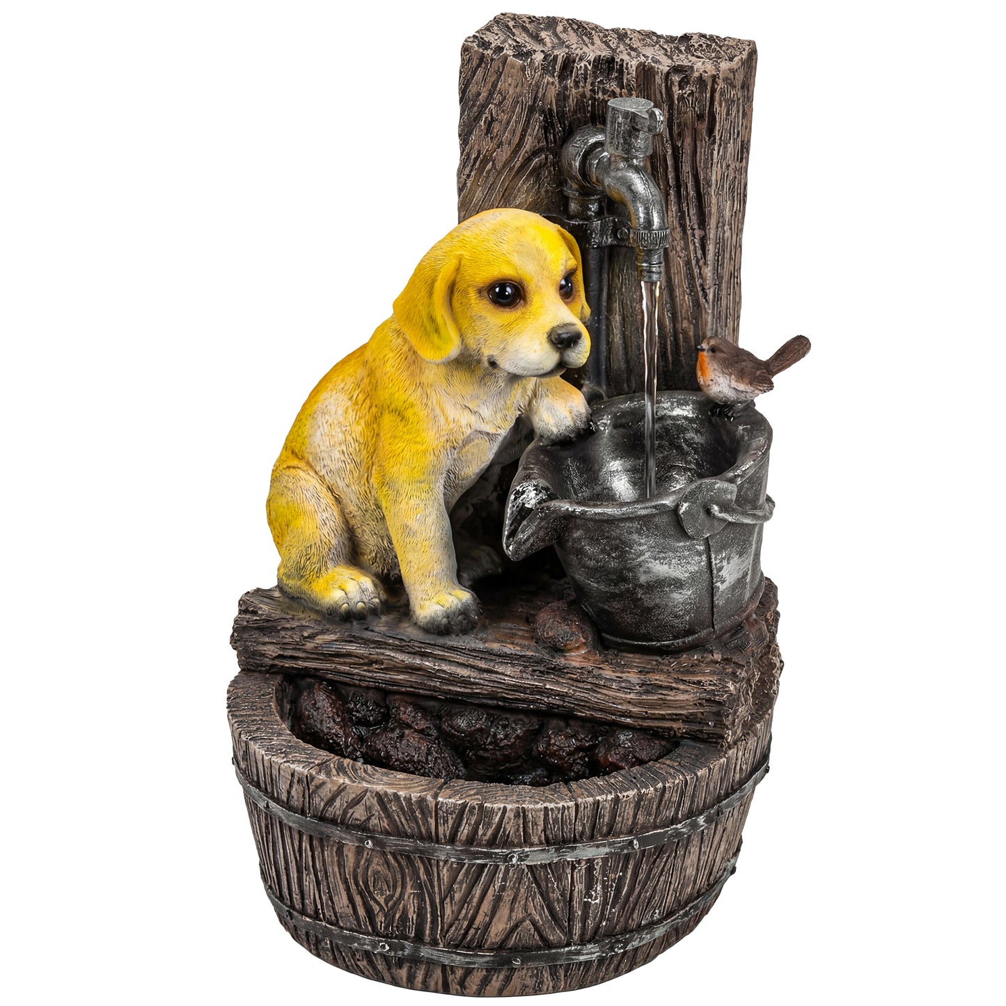 3-Tier Resin Garden Fountain | Hand-Painted Puppy & Bird Design | Warm LED Lights | 3-Speed Adjustable Pump | 5W | 230V | 3m Cable | 35x36x56cm | Garden & Patio | Rustic Brown & Yellow