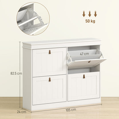 Slim Shoe Cabinet | 4 Drop-Down Doors | 16-20 Pairs | Adjustable Shelves | Anti-Tip | White | 105x24cm
