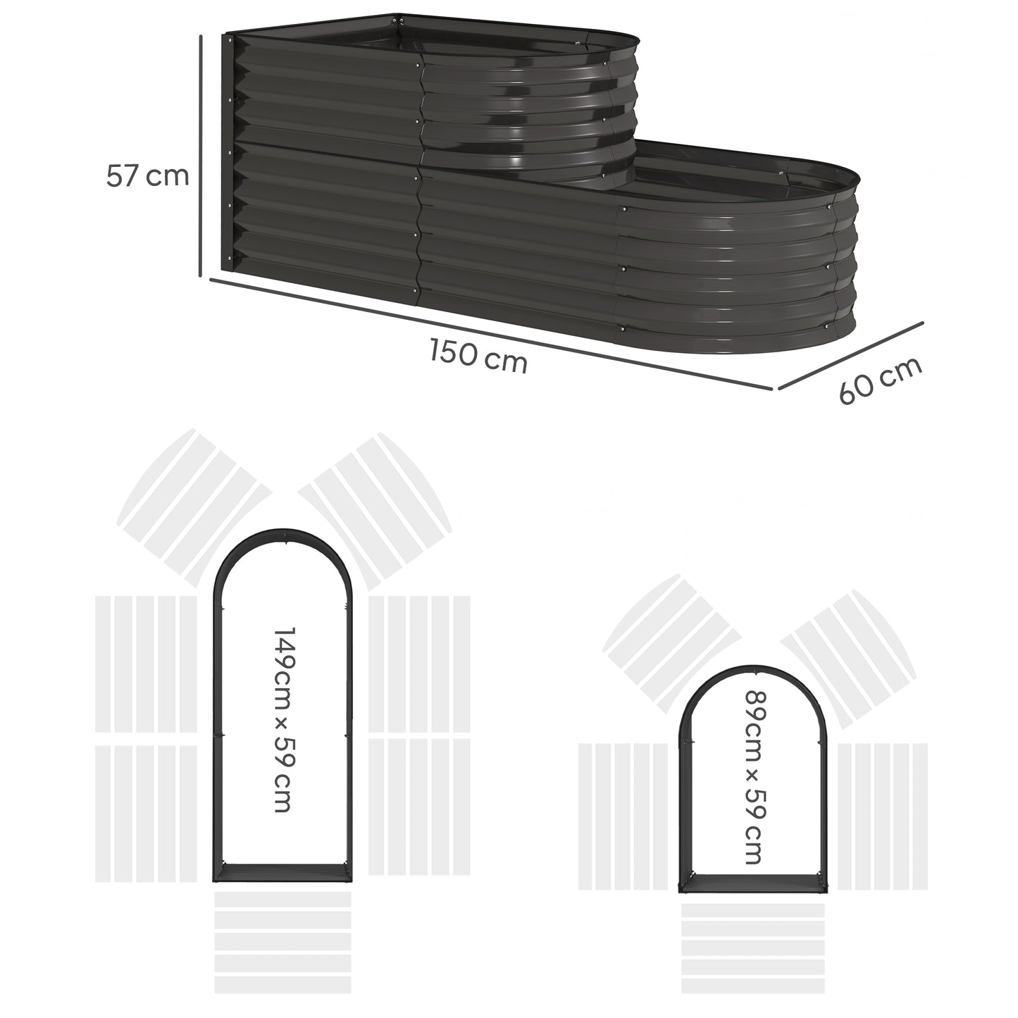 2-Tier Galvanised Steel Raised Garden Bed | 0.6mm Steel | Open Bottom | Folded Safety Edge & Rubber Strip | Bottom 149x59cm Top 89x59cm | 150x60x57cm | Dark Grey