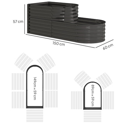 2-Tier Galvanised Steel Raised Garden Bed | 0.6mm Steel | Open Bottom | Folded Safety Edge & Rubber Strip | Bottom 149x59cm Top 89x59cm | 150x60x57cm | Dark Grey