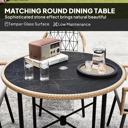 5 Piece Patio Rattan Dining Set, Wicker Garden Table & Chairs w/ Removable Seat & Back Cushions, Round Tempered Glass Tabletop, Parasol Hole