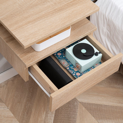 Floating Bedside Cabinet with Drawer and Open Shelf, Wall Mounted Nightstands, Bedside Table with Storage, Oak Tone
