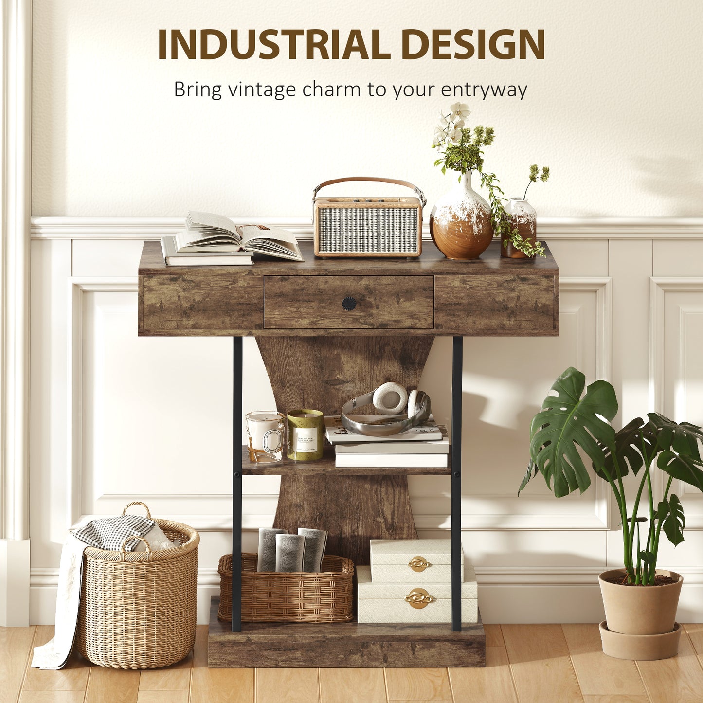 Industrial Console Table & Hallway Table | Drawer | 2 Open Shelves | Anti-Tip | 91x32x87cm | 45kg | Rustic Brown