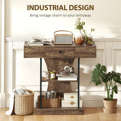 Industrial Console Table & Hallway Table | Drawer | 2 Open Shelves | Anti-Tip | 91x32x87cm | 45kg | Rustic Brown