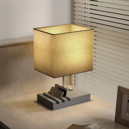 Bedside Table Lamp with USB-A & USB-C Charging Ports | 3 Device Organiser Slots | Solid Wood Base | TC Fabric Shade | Rocker Switch | E27 Max 40W | 1.5m Cable | 25x20x40.5cm | Bulb Not Included | Grey