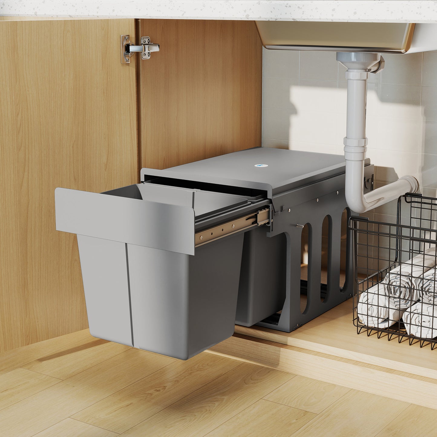 Pull Out Bin, Under Sink Bin - 2 Removable Compartments (15L Each) for 400mm Cabinets, Light Grey