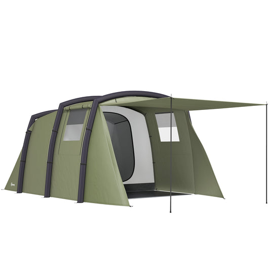 Inflatable 3-4 Man Tunnel Tent w/ Air Pump, Living Area & Vestibule, Waterproof Family Camping Air Tent w/ Sewn In Groundsheet