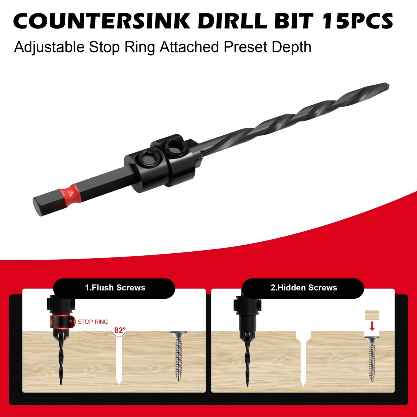 15 Piece Countersink Drill Bits Set, Tapered Drill Bits for Wood, With Phillips Screwdriver Bits, Extension Bit Shaft