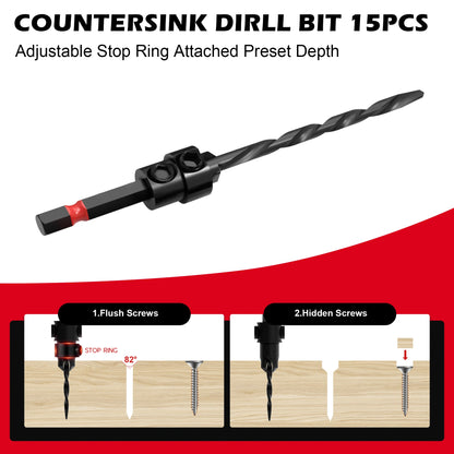 15 Piece Countersink Drill Bits Set, Tapered Drill Bits for Wood, With Phillips Screwdriver Bits, Extension Bit Shaft