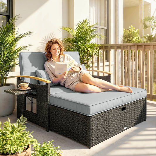 3-in-1 Rattan Garden Daybed | Loveseat to Daybed | Storage Ottoman | 5-Level Adjustable Backrest | 2 Foldable Side Tables | Wood-Effect Armrests | Triple-Strand PE Rattan | 320kg | Dark Grey
