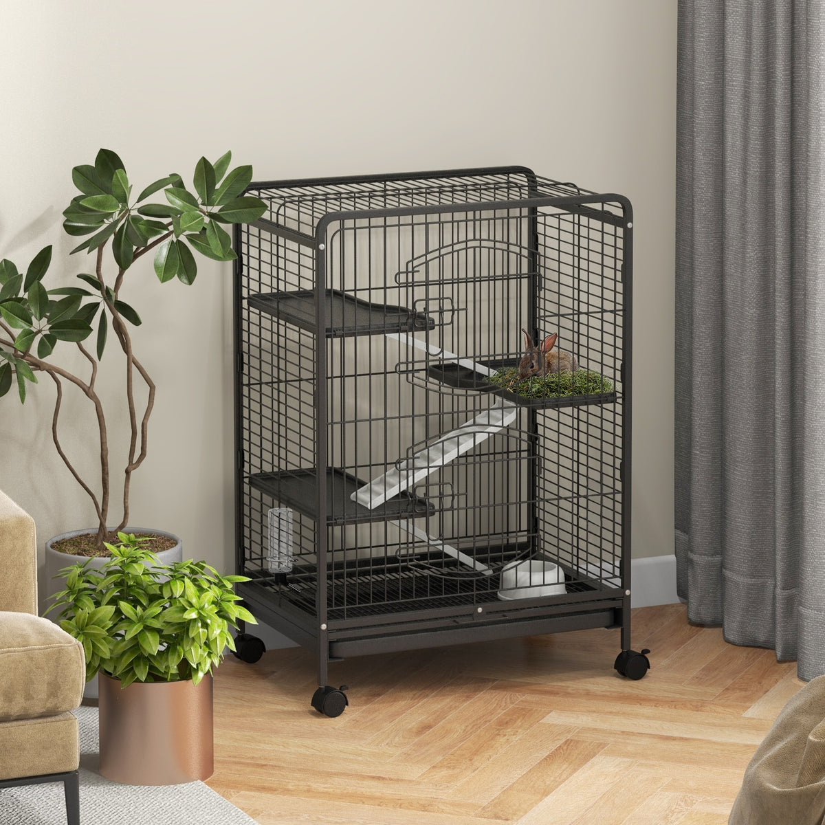 PawHut 4-Level Small Animal Cage | 95cm Tall Black | Metal PP Mesh | 3 Platforms 3 Ramps | Removable Tray | Rolling Lockable Wheels | Food Dish & Water Bottle | Multi-Door Access | 61.5x44x95cm