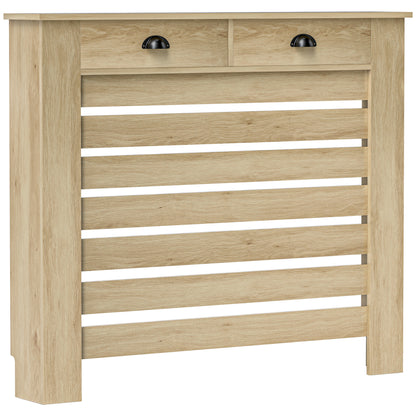 MDF & Particle Board Radiator Cover with 2 Drawers | Slatted Design | Skirting Board Cut-Outs | Easy-Fix Clips | Wood-Effect Top | 4kg Per Drawer | 111x19x95.5cm | Oak