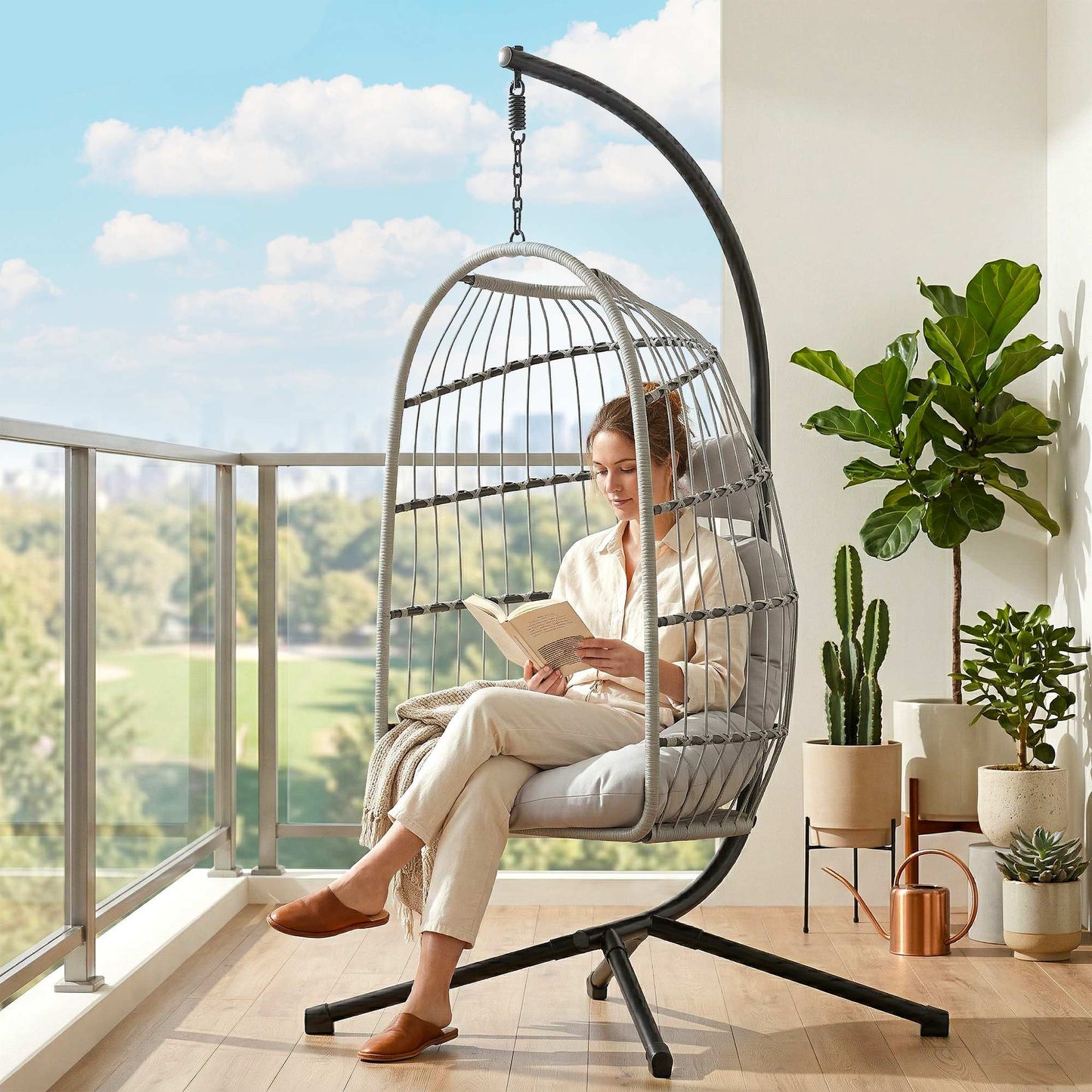Hanging Egg Chair with Stand | 15cm Cushion, Headrest & Safety Strap | Foldable | 120kg | Light Grey