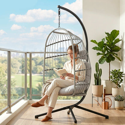 Hanging Egg Chair with Stand | 15cm Cushion, Headrest & Safety Strap | Foldable | 120kg | Light Grey