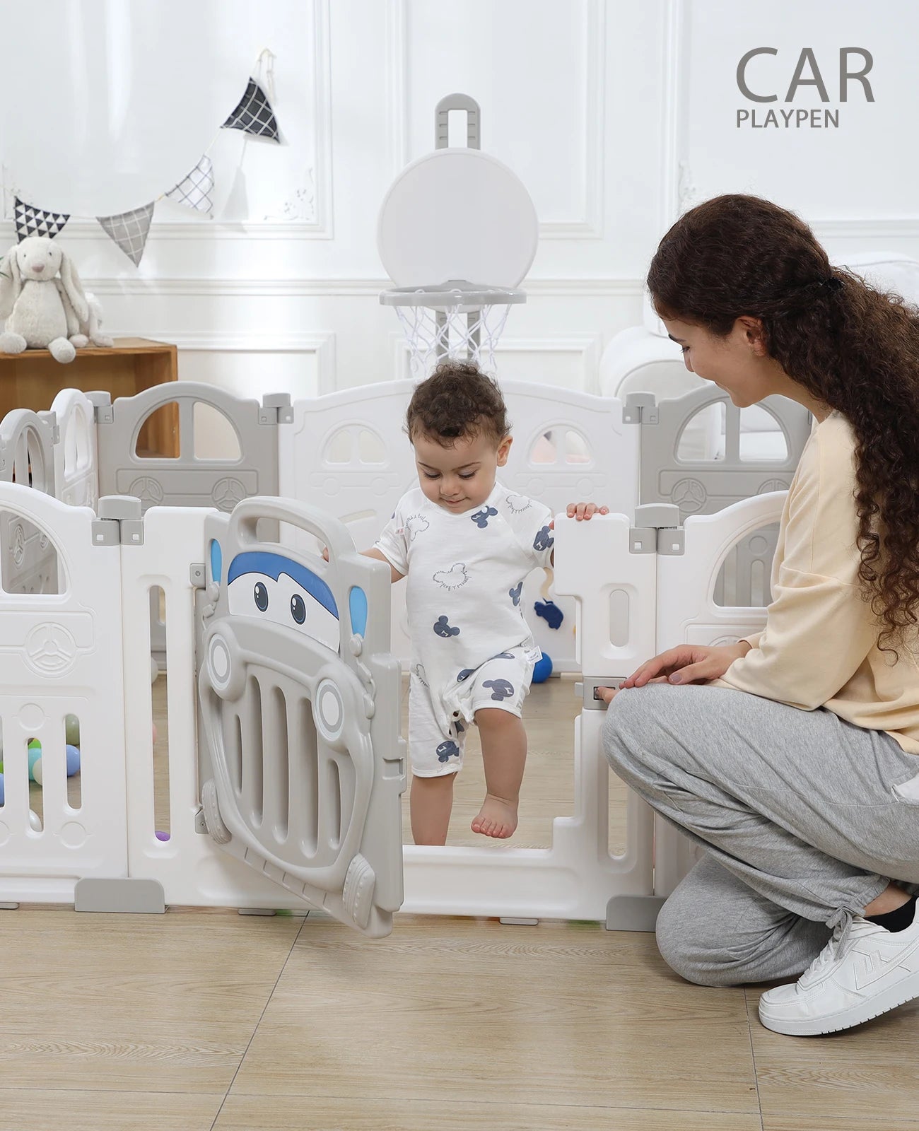 UBRAVOO Foldable Baby Playpen with Basketball Hoop & 50 Piece Coloured Pit Balls, Toddler and Baby Play pen fence, 14-Panel