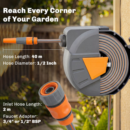 Wall Mounted Retractable Garden Hose Reel | 40+2m | Auto Retract & Self-Locking | 180° Swivel Bracket | Dual Spray Modes | 8 Bar Working Pressure | 61x26x43cm | Orange