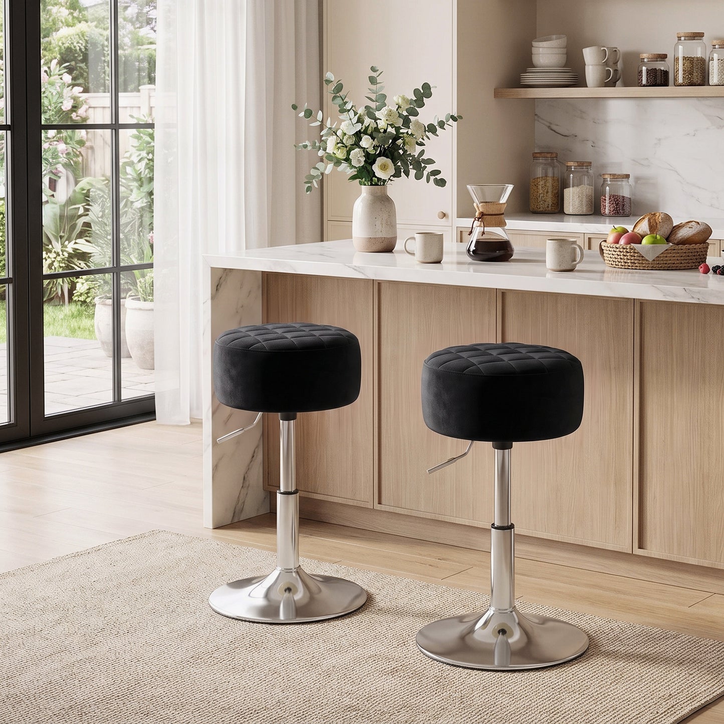 Adjustable Swivel Bar Stool | Velvet-Feel Seat | 17cm Cushion | Gas Lift 51–66cm | 360° Swivel | 120kg | Black / Grey