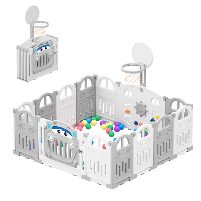 UBRAVOO Foldable Baby Playpen with Basketball Hoop & 50 Piece Coloured Pit Balls, Toddler and Baby Play pen fence, 14-Panel