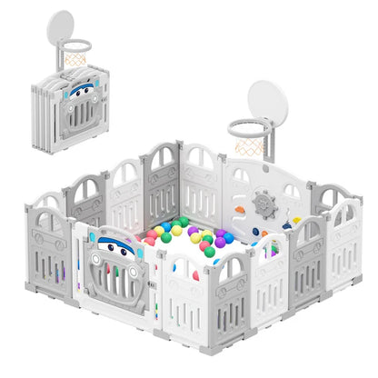 UBRAVOO Foldable Baby Playpen with Basketball Hoop & 50 Piece Coloured Pit Balls, Toddler and Baby Play pen fence, 14-Panel