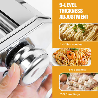 Stainless Steel Manual Pasta Maker Machine, 9 Level Adjustable Thickness Settings , for Spaghetti, Fettuccini, Lasagna, Dumpling