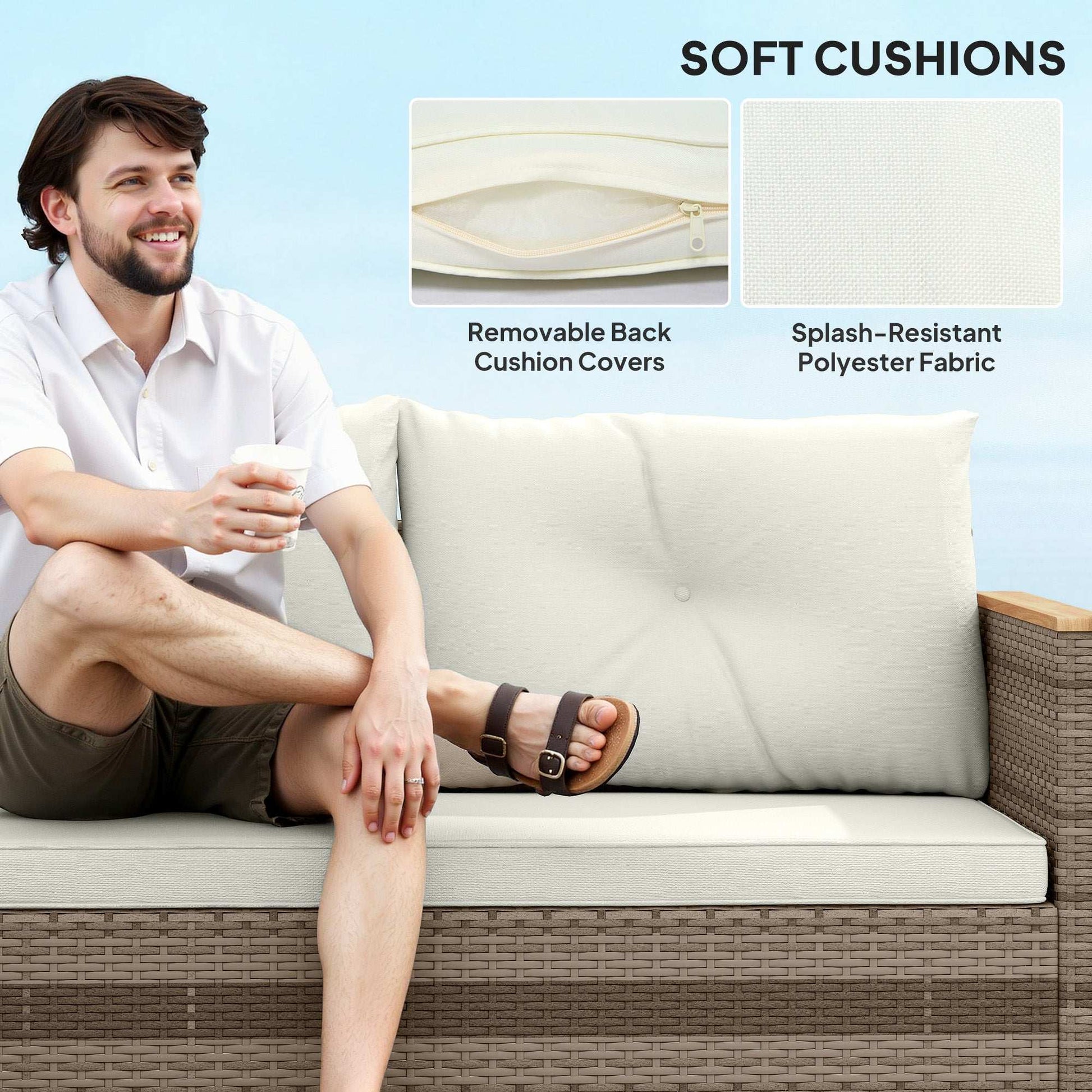 3 Pieces Rattan Garden Furniture Set, L Shaped Garden Conversation Chaise Lounge Furniture with Wood Top Coffee Table and Thick Cushions