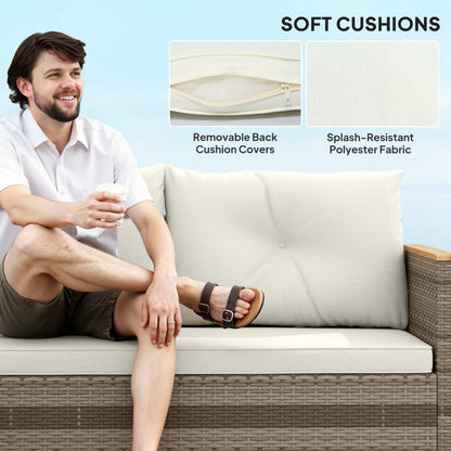 3 Pieces Rattan Garden Furniture Set, L Shaped Garden Conversation Chaise Lounge Furniture with Wood Top Coffee Table and Thick Cushions