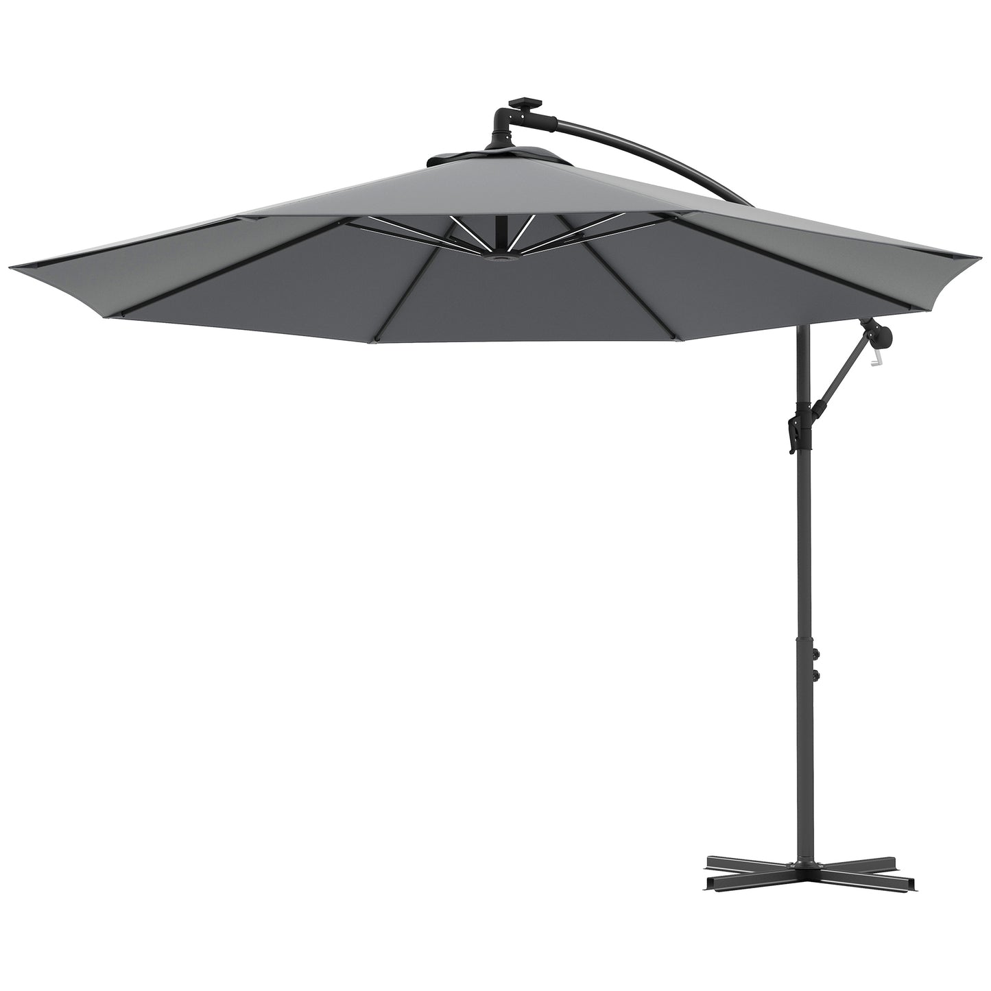 3(m) Cantilever Parasol with Solar LED Lights, Garden Umbrella with Cross Base and Crank Handle, Hanging Offset Banana Sun Shade for Outdoor, Patio
