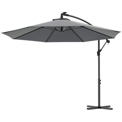 3(m) Cantilever Parasol with Solar LED Lights, Garden Umbrella with Cross Base and Crank Handle, Hanging Offset Banana Sun Shade for Outdoor, Patio