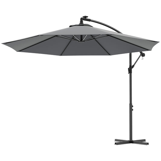 3(m) Cantilever Parasol with Solar LED Lights, Garden Umbrella with Cross Base and Crank Handle, Hanging Offset Banana Sun Shade for Outdoor, Patio