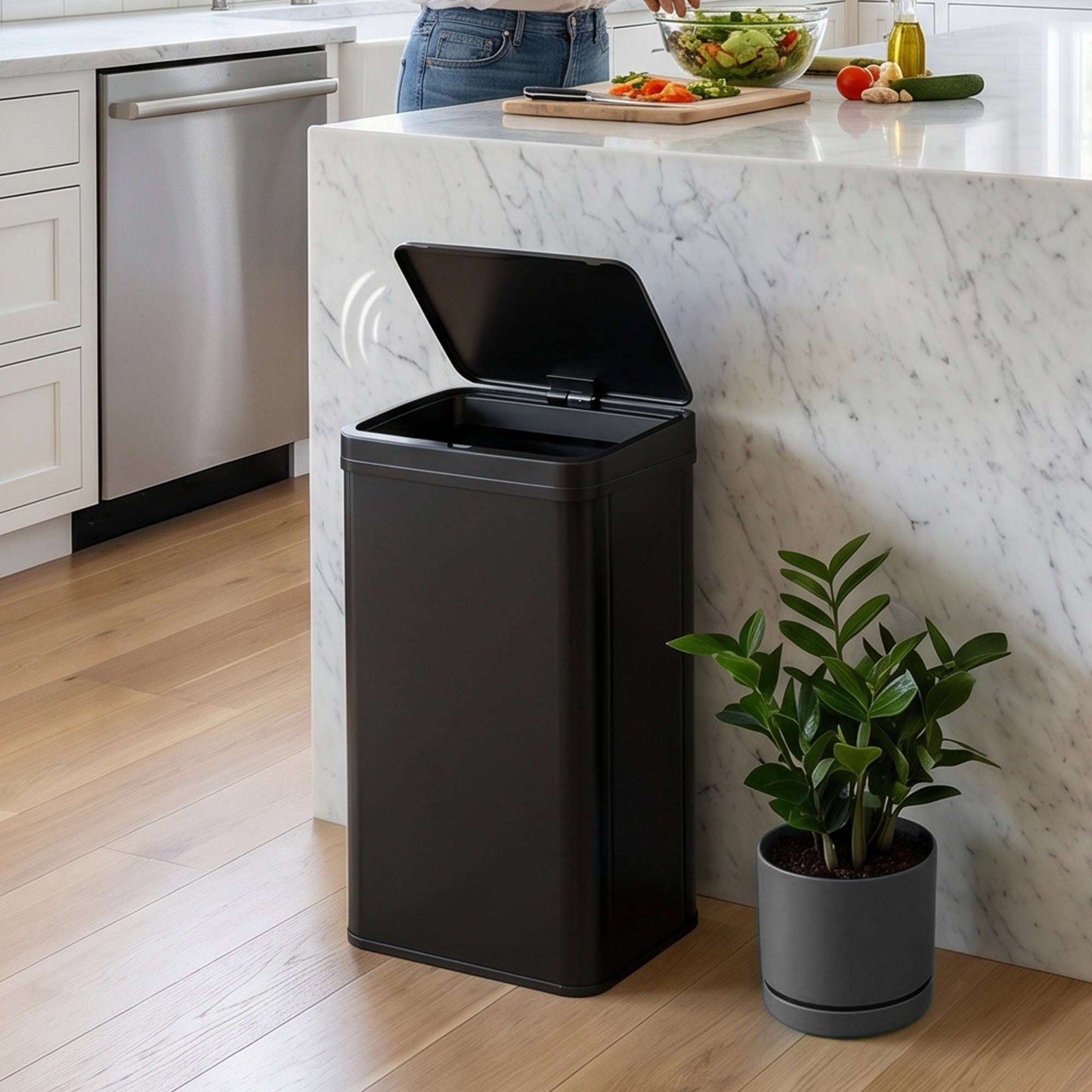 50L Motion Sensor Bin | 0.5s Open | Fingerprint-Resistant 410 Stainless Steel | Soft-Close Lid | Dual Modes | Extra-Wide Opening | Liner Ring | Fully Detachable | 4xAA 10,000 Cycles | 35.5x26x67cm | Black