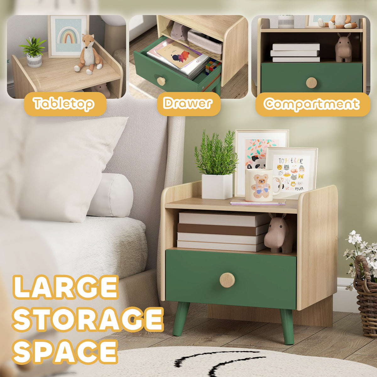 Kids Bedside Table with Drawer & Open Storage Shelf | Pine Legs | Wipe-Clean Melamine Surface | 40x32.5x40cm | Ages 3–10 | 5kg Capacity | MDF & Pine | Assembly Required | Green