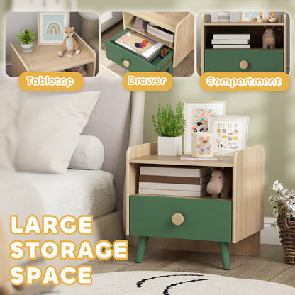 Kids Bedside Table with Drawer & Open Storage Shelf | Pine Legs | Wipe-Clean Melamine Surface | 40x32.5x40cm | Ages 3–10 | 5kg Capacity | MDF & Pine | Assembly Required | Green
