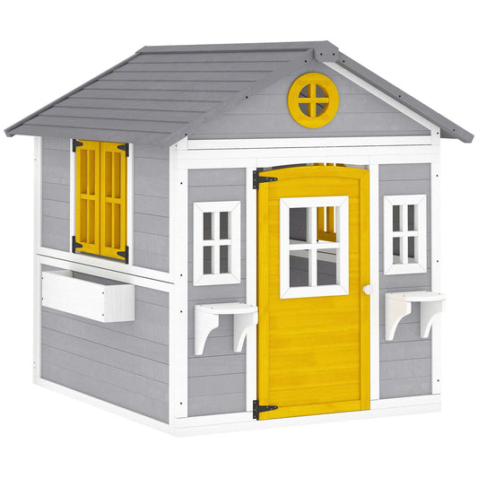 Solid Fir Wood Kids Outdoor Playhouse | Openable Windows | Planter Boxes & Plant Pots | Sloped Roof | EN71 Certified | Ages 3-8 | 135x114x126cm | Grey Yellow & White