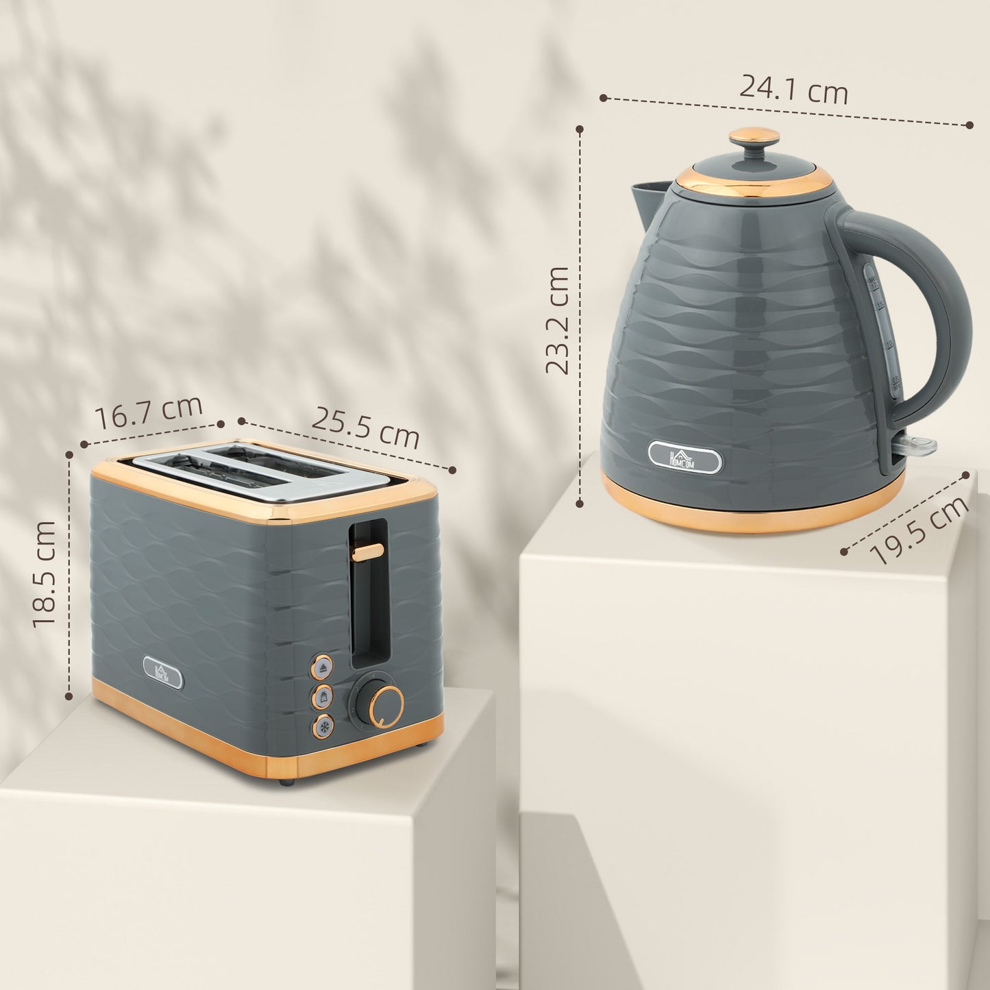 3000W 1.7L Rapid Boil Kettle & 2 Slice Toaster, Kettle and Toaster Set with 7 Browning Controls and Crumb Tray, Grey / Black