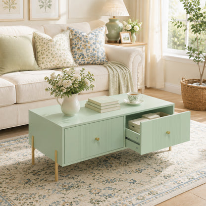 Modern Coffee Table with 2 Drawers | Light Green & Gold Tone | Particleboard Metal Legs | 100x50x43cm | 30kg | Melamine Surface | Metal Slide Runners | Living Room Bedroom