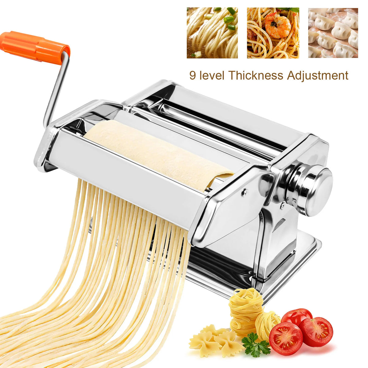 Stainless Steel Manual Pasta Maker Machine, 9 Level Adjustable Thickness Settings , for Spaghetti, Fettuccini, Lasagna, Dumpling