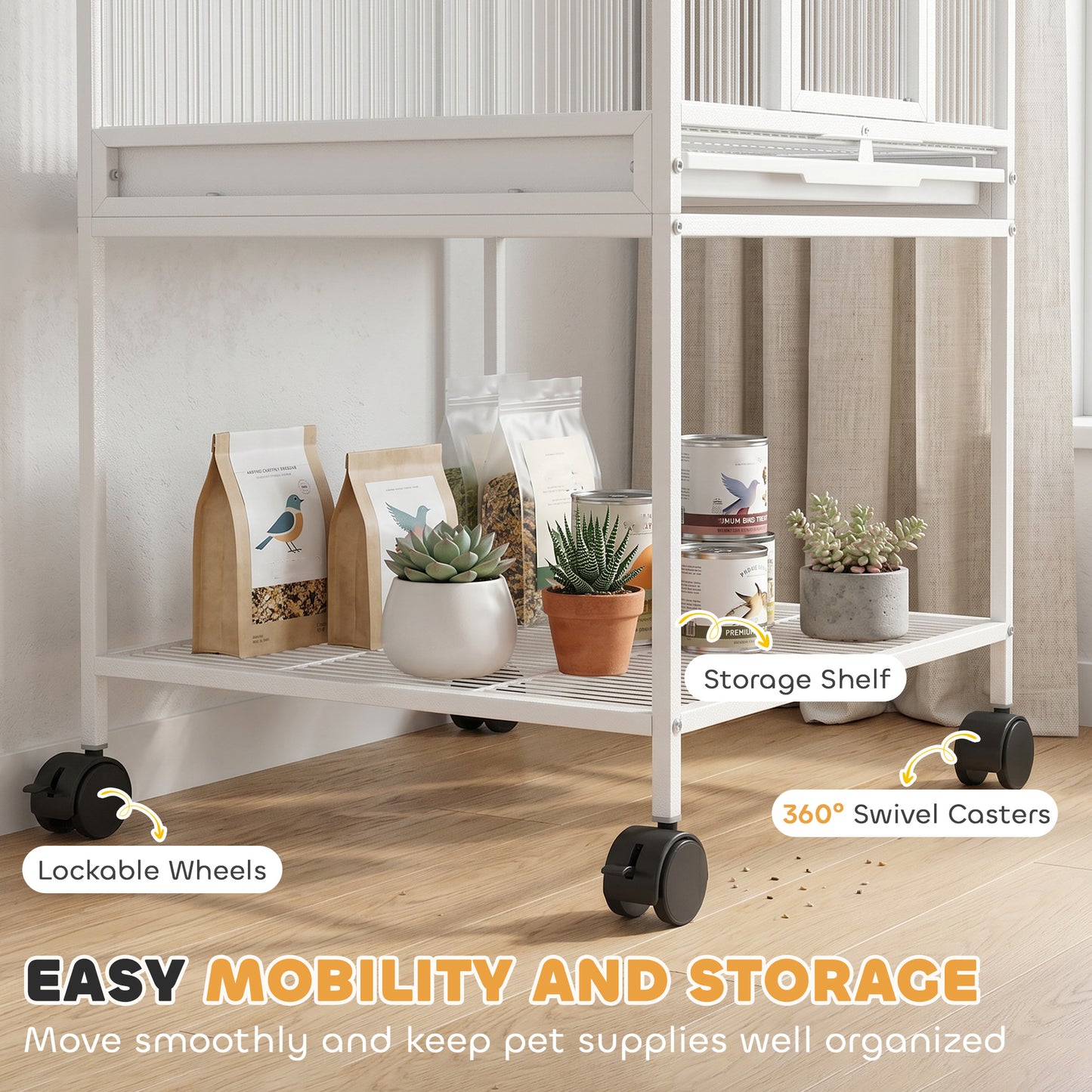 PawHut Bird Cage with Rolling Stand | Storage Shelf | Slide-Out Tray | 4 Feeder Doors | 2 Perches & Feeders | White