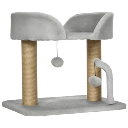 PawHut Designer Cat Tree Scratching Post | Light Grey | 48x38x42cm | 2 Jute Posts | 2 Hanging Pom-Pom Toys | 220g/m² Plush | Observation Platform | E1 Particleboard | Cats Under 5kg