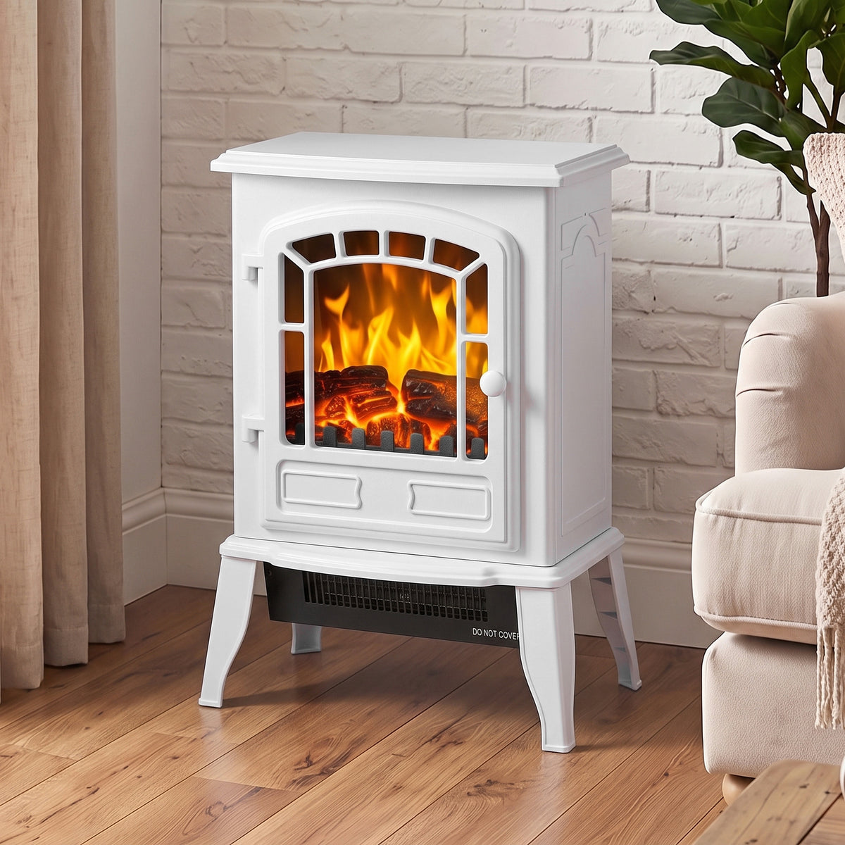 Electric Fireplace Stove | White Freestanding 2000W LED Flame Heater with Adjustable Thermostat