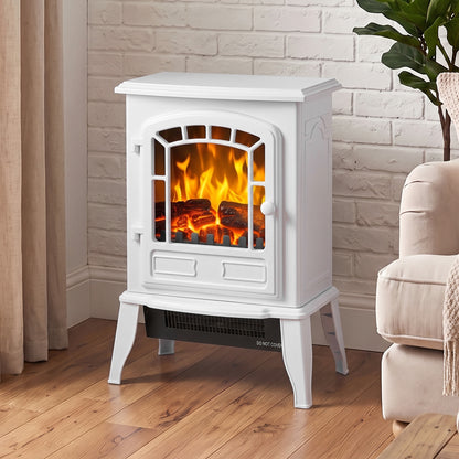 Electric Fireplace Stove | White Freestanding 2000W LED Flame Heater with Adjustable Thermostat