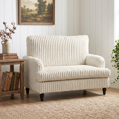 Corduroy Accent Armchair | Stripe Design | Turned Rubberwood Legs | 12cm Seat Cushion | 24cm Back Cushion | Adjustable Non-Slip Feet | 120kg | 115x82x82cm | Cream / Black