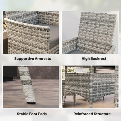 Rattan Garden Furniture Set, 6 Seater Outdoor Dining Table and Chairs with Cushions, 150 x 90cm Rectangular Tempered Glass Table, 6 Armchairs