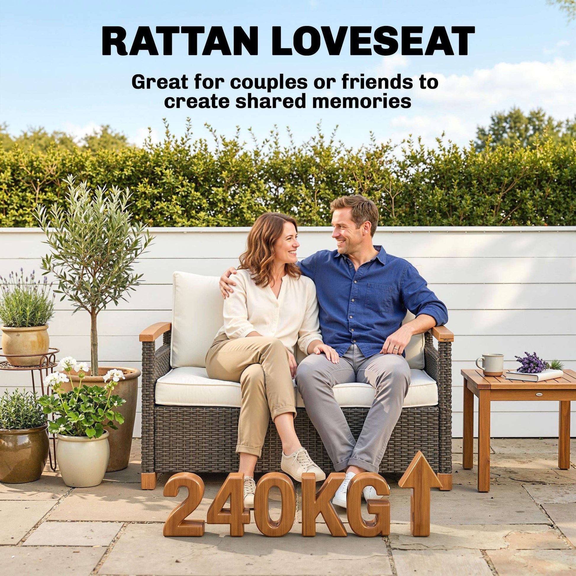 2 Seater Rattan Garden Sofa | Acacia Wood Armrests | Thick Cushions | Powder Coated Steel | Adjustable Feet | 124x74x79cm | 240kg | Brown